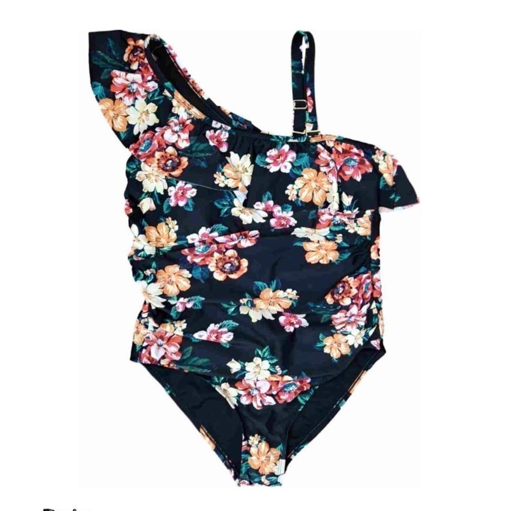 Women's Black Tropical Floral Flower One Piece White Swimming Suit Plus Size 1X